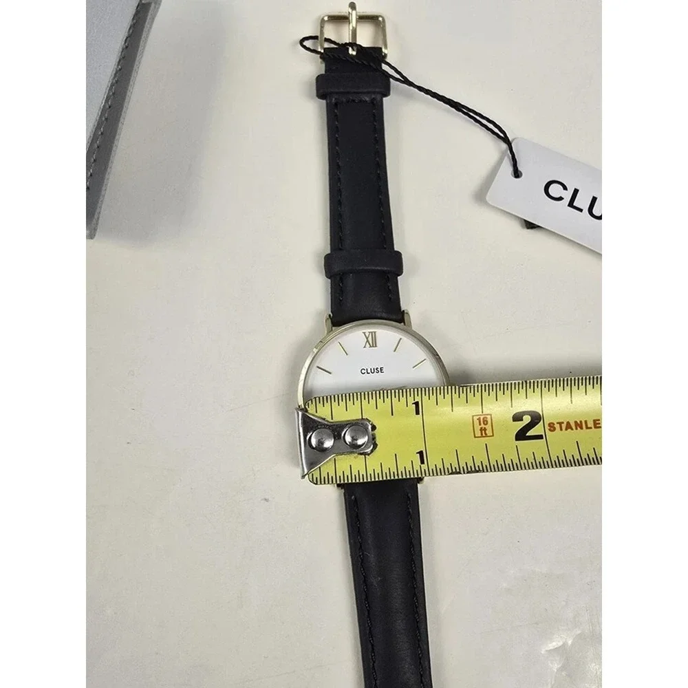 Cluse Minuit Womens Watch 38mm Gold Tone Round White Dial Black Leather Band NWT